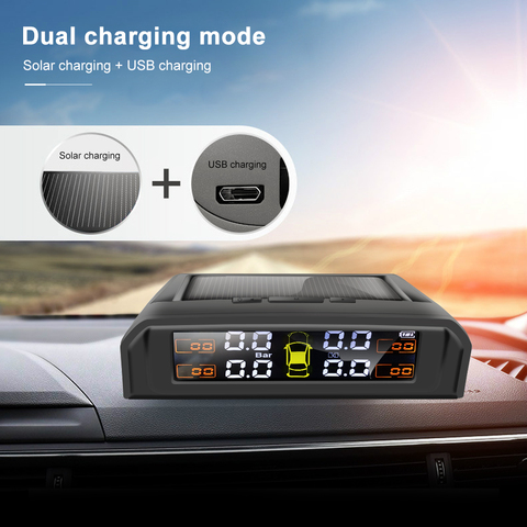 TPMS Car Tire Pressure Alarm Monitor System Real-time Display wireless Solar power Attached to glass with 4 sensors ► Photo 1/6