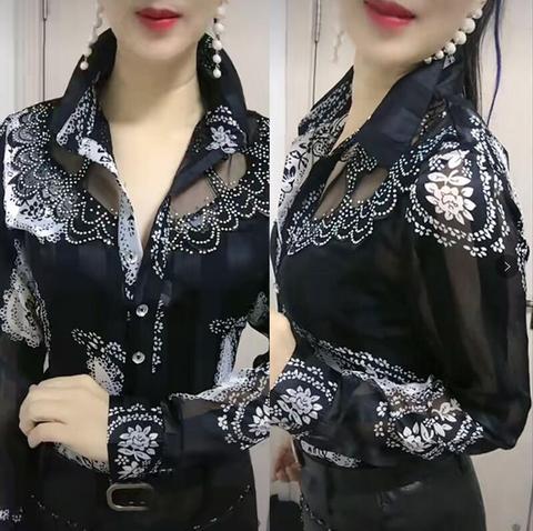 Long-sleeved female bottoming Shirts Women's spring autumn foreign style lace stitching Ladies chiffon Shirt ins floral top coat ► Photo 1/6