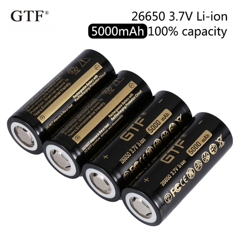 GTF 26650 3.7V 5000mAh real capacity Li-Ion Rechargeable Battery for Flashlight UPS backup power supply flat head batteries ► Photo 1/6