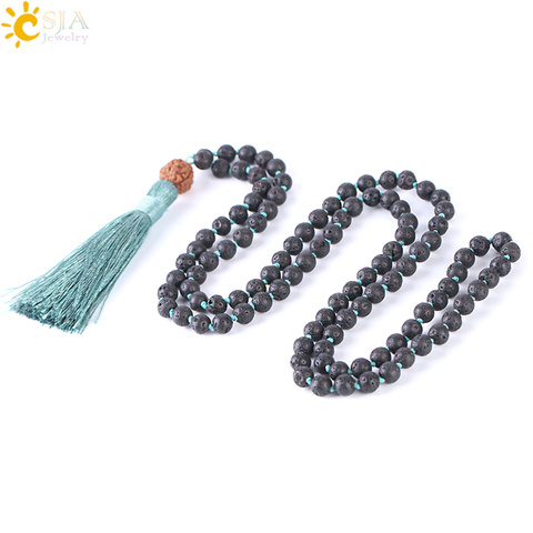 CSJA Natural Lava Rock Necklace 108 Mala Bead 6mm Knotted Long Tassel Necklaces Buddhist Vajra Bodhi Bohemian Style Jewelry F373 ► Photo 1/6