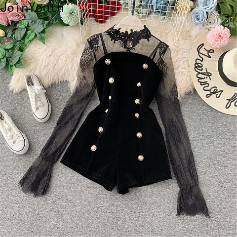 Joinyouth Two Piece Outfits Lace Tulle Pullover Flare Sleeve Shorts Gold Velvet Button Solid 2022 New Fashion Clothes Female 231 ► Photo 1/6