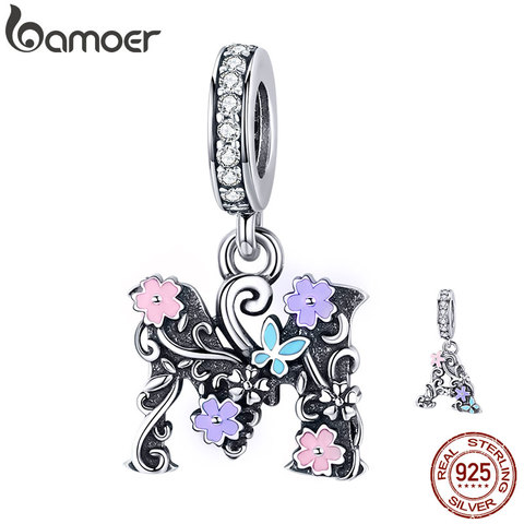 bamoer Letter A M Pendant Charm fit Original Silver Bracelet Vintage Enamel Flower Pattern 925 Sterling Silver Jewelry SCC1274 ► Photo 1/6