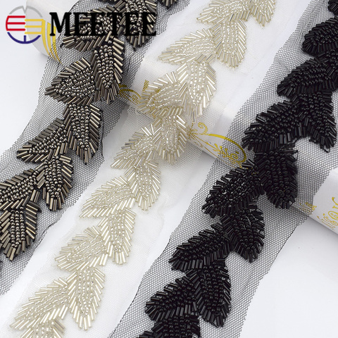 Meetee 6cm Pearl Beaded Lace Trims Leaf Mesh Fabric Lace Ribbon Tape Weding Dress Collar Headdress Lace Applique DIY Crafts ► Photo 1/6