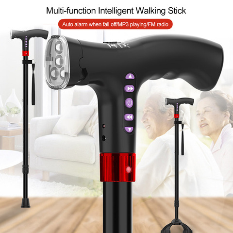Elderly Adjustable L-ED Walking Cane FM Radio MP3 Smart Safety Fall Alarm Walking Stick Trusty Sticks for the Elder Fathers ► Photo 1/6