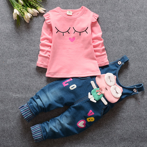 BibiCola 2017 spring autumn Baby Girls Clothing Set casual long-sleeved T-shirt+Denim overalls jeans Pants Kids girls Clothes ► Photo 1/6