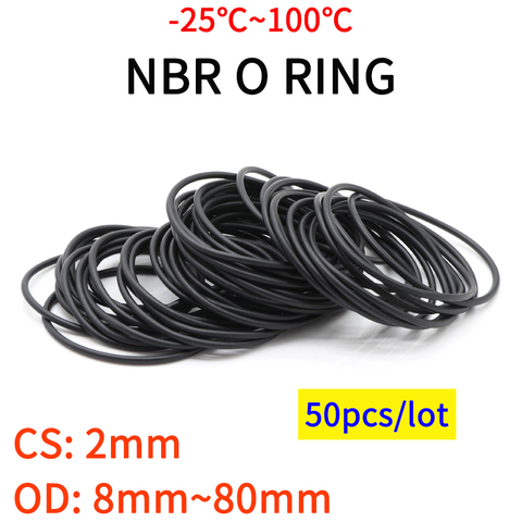 50pcs NBR O Ring Seal Gasket Thickness CS 2mm OD 8~80mm Nitrile Butadiene Rubber Spacer Oil Resistance Washer Round Shape Black ► Photo 1/1