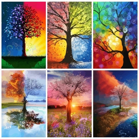 AZQSD Unframe Oil Painting By Numbers Set Tree DIY Handicraft Coloring By Numbers Landscape Acrylic Paint Home Unique Gift ► Photo 1/6