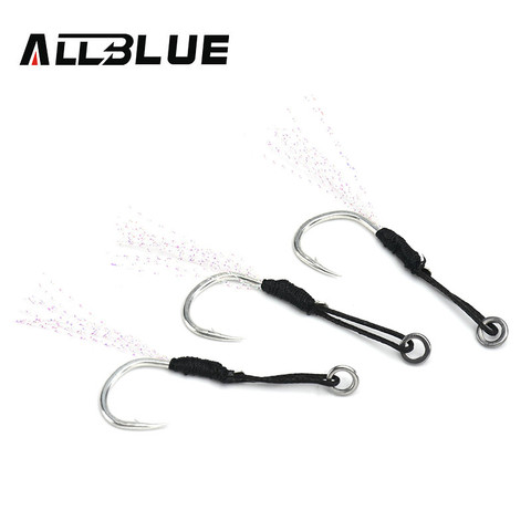 ALLBLUE 6pcs/lot Metal Jig Assist Hook With PE Line Feather Solid Ring Jigging Spoon Saltwater Fishhook for 10-60g Lure ► Photo 1/6