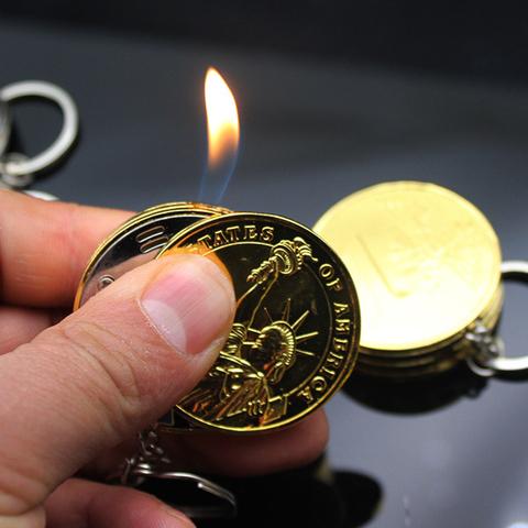 New Metal Free Fire Butane Lighter Keychain Creative Compact Gas Lighter Inflated Jet Pendant Coin Bar One Dollar Gift Key Chain ► Photo 1/6