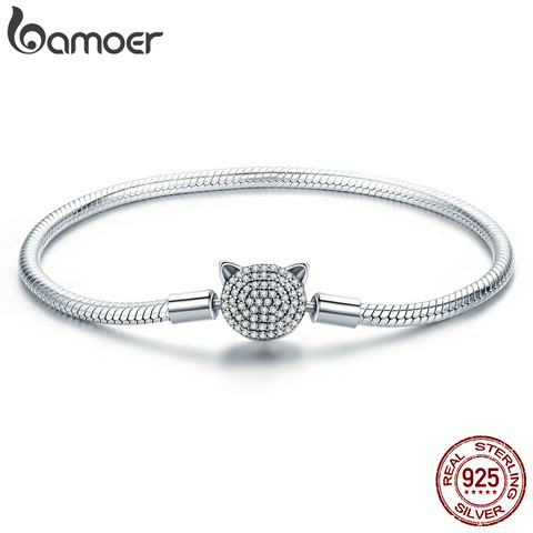 BAMOER 100% 925 Sterling Silver Cute Cat Glittering CZ Snake Strand Chain Bracelets for Women Sterling Silver Jewelry SCB053 ► Photo 1/6