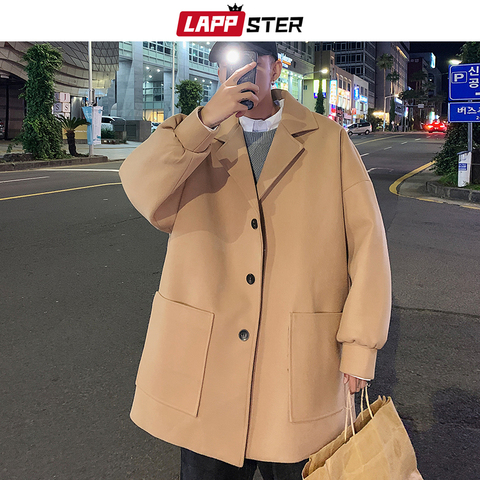LAPPSTER Men Korean Fashions Wool Trench Coat 2022 Overcoat Mens Japanese Streetwear Winter Coat Harajuku Khaki Jackets Coats ► Photo 1/6