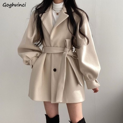 Women Solid Wool Blend Coat Slim Fit Belt Coats Female Warm Plus Cotton Thicker V-neck Office Lady Elegant Trendy Button Outwear ► Photo 1/6