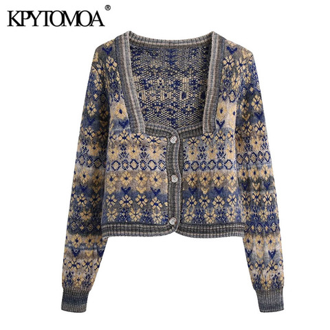 KPYTOMOA Women 2022 Fashion Jacquard Cropped Knitted Cardigan Sweater Vintage Long Sleeve Button-up Female Outerwear Chic Tops ► Photo 1/6