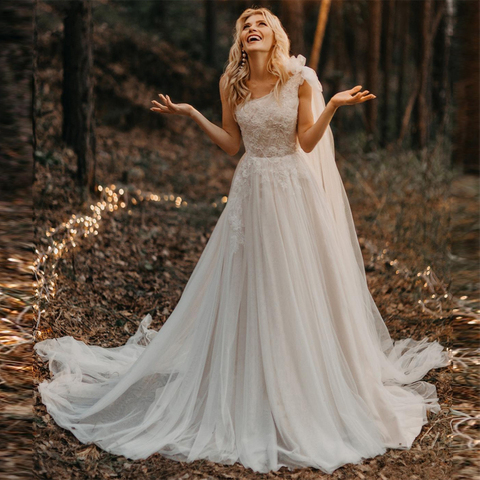 2022 One Shoulder Pleated Beading Applique Lace Wedding Dresses Sweep Train Tulle Bride Gowns Vestido De Novia ► Photo 1/4