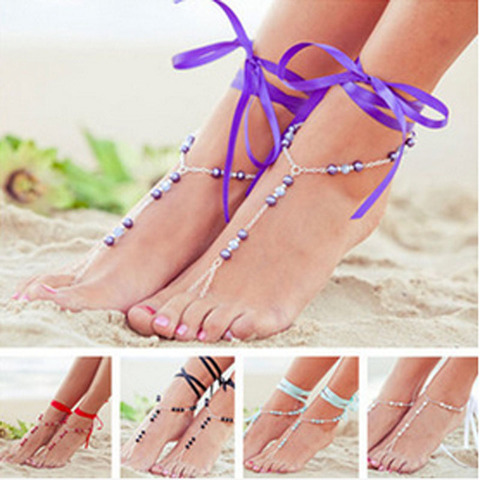 2022 Bohemia  Handmade Ribbon On Leg Anklets Simple Chic Beads Silver Color Chain Toe Ring Ankle Anklets For Women Foot Jewelry ► Photo 1/3