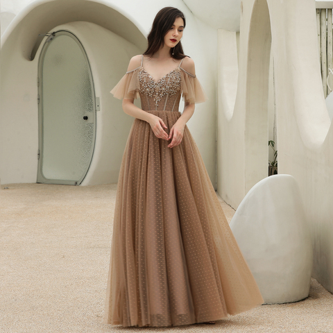 BEPEITHY V Neck Khaki Evening Dress Party Elegant For Women A-Line Floor Length Detachable Sleeves Vintage Prom Gown Formal 2022 ► Photo 1/6