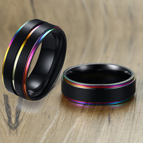 Vnox Black Stainless Steel Basic Ring for Men With Rainbow Line Classic Male Wedding Band Multi Color Jewelry Fraternal Rings ► Photo 1/6
