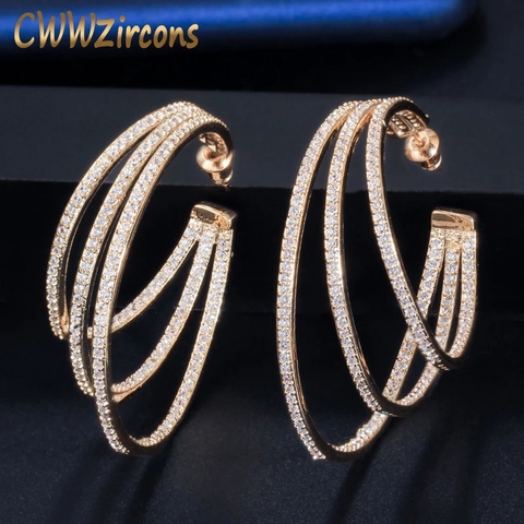 CWWZircons 3 Circle Bling Cubic Zirconia Pave Luxury Yellow Gold Color Big Round Geometric Hoop Earrings for Women CZ581 ► Photo 1/6