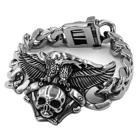 Personality Engine Skull Bracelet Titanium Stainless Steel Jewelry Large Vintage Skull Eagle Biker Men Boys Bracelet SJB0368A ► Photo 1/5