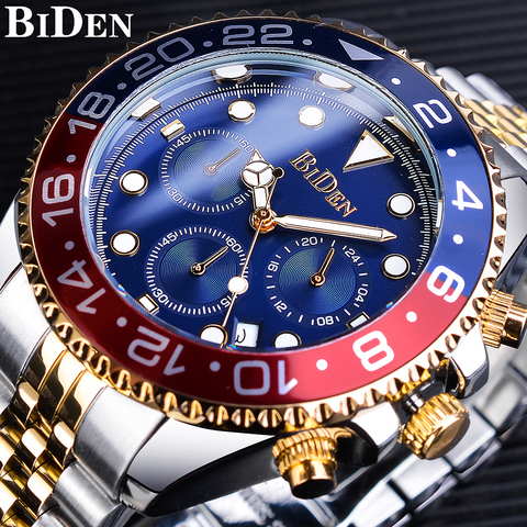 BIDEN Bule Red Men Quartz Watch Stainless Steel Waterproof Miliatry Sport Chronograph Wrist Watch Top Brand Luxury Date Clock ► Photo 1/6