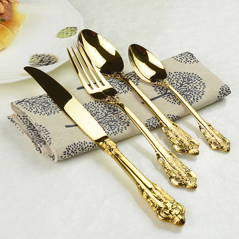 Vintage Western Gold Plated Cutlery 24pcs Dining Knives Forks Teaspoons Set Golden Luxury Dinnerware Engraving Tableware Set ► Photo 1/6