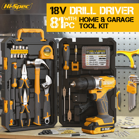 Hi-Spec 81pc Complete Hand Tool Sets 18V Electric Screwdriver Drill Driver Workshop Tool Kit for Home with Drill Bits Tool Box ► Photo 1/5