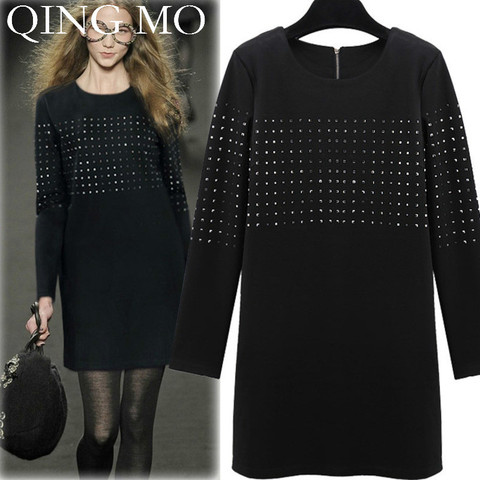 QING MO Fashion Brand Black Tshirt Dress With Rhinestone Women Spring Elegant Dress Full Sleeve Knee Length Dress ZQY1540 ► Photo 1/6