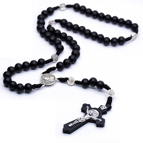 QIGO Religious Wooden Antique Black Cross Rosary Pendant Necklaces Jesus Saint Benedict Beaded Necklace for Men Women Jewelry ► Photo 1/6