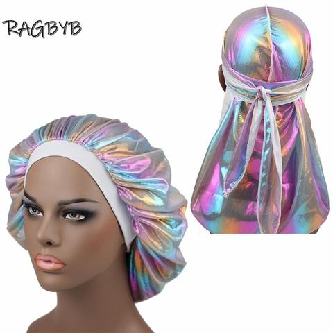 Unisex Glitter Silk Durag Matching Bonnet Set Men Silky Durag Bandanas Bonnet for Women Sleep Cap Wave Hair Cap Head Scarf Durag ► Photo 1/6