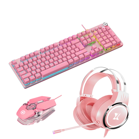 Pink Real Mechanical Keyboard and Mouse Set with Blue Switch Cute Girls E-sports Gamer Computer Peripherals Keyboard ► Photo 1/4