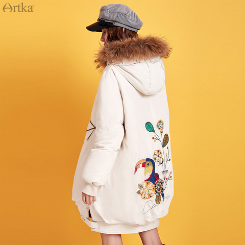 ARTKA 2022 Winter New Women Cartoon Embroidery 90% White Duck Down Coat Raccoon Fur Collar Hooded Thick Loose Down Coat ZK15293D ► Photo 1/6