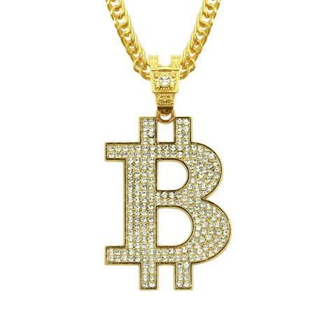 Hip Hop Rhinestones Paved Bling Iced Out Gold Silver Color  Bitcoin Pendants Necklace for Men Rapper Jewelry 30inch Cuban Chain ► Photo 1/6