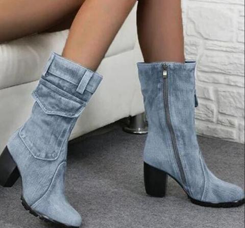 Spring autumn Denim boots for Women Mid-rise Solid color Large Size Shoes woman Slip-On Chunky Med Heels Mid-calf Boots ► Photo 1/6