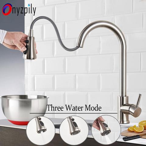 Three-Modle Brushed Kitchen Sink Faucet Pull Down Sprayer Nozzle Single Handle Faucet  Mixer Hot Cold Stainless Steel Modern ► Photo 1/6