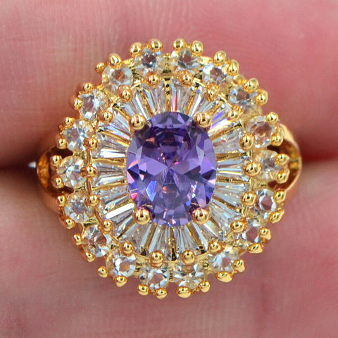 Fashion Gold Color Women Romantic AAA+ Cubic Zirconia Luxury Purple Oval CZ Wedding Ring Jewelry ► Photo 1/1