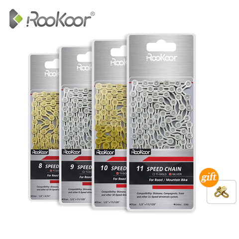 Rookoor Bicycle Chain 6 7 8 9 10 11 Speed Velocidade Titanium Plated TI Gold Silver Mountain Road Bike MTB Chains Part 116 Links ► Photo 1/6