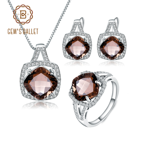 GEM'S BALLET 925 Sterling Silver Earrings Ring Pendant Set Jewelry Natural Geometric Smoky Quartz Jewelry Set For Women Wedding ► Photo 1/6