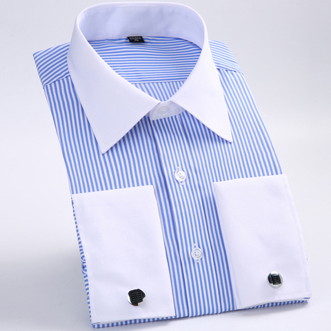 Men's Classic French Cuffs Striped Dress Shirt Single Patch Pocket Standard-fit Long Sleeve Wedding Shirts (Cufflink Included) ► Photo 1/6