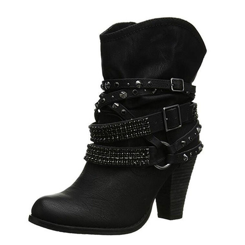 Women Fashion PU Punk Draped Round Toe High Heel Ankle Boots Metal Decoration Martin Boots Buckle Autumn Winter Ladies Shoes ► Photo 1/6