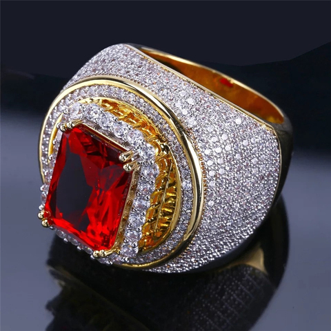 Hot Fashion Big Male Wide Red Zircon Stone Geometric Ring Luxury Yellow Gold Iced Out Wedding Rings For Men Women Hip Hop Z3C175 ► Photo 1/5