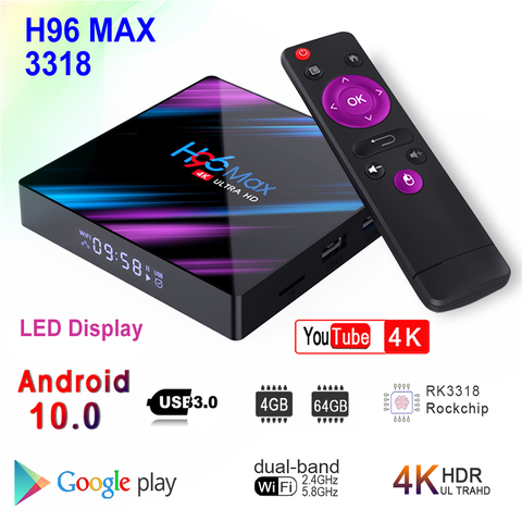 H96 MAX 3318 Android 10 Smart TV Box Rockchip RK3318 4GB RAM 64GB ROM BT4.0 USB3.0 2.4G/5G Dual WIFI 3D 4K HDR Set Top Box ► Photo 1/6