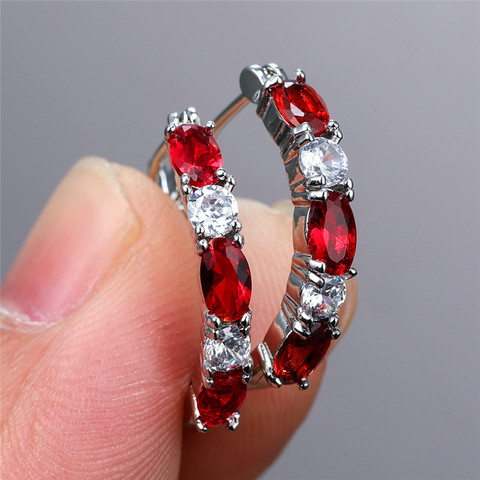 Simple Female Red Oval Crystal Stone Earring Classic Silver Color Hoop Earrings Vintage Rainbow Round Wedding Earrings For Women ► Photo 1/6