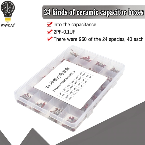 960Pcs/lot Ceramic capacitor Assortment Kit 2PF-0.1UF 50V Ceramic capacitors set 24value*40pcs diy Electronic capacitors 20% ► Photo 1/6