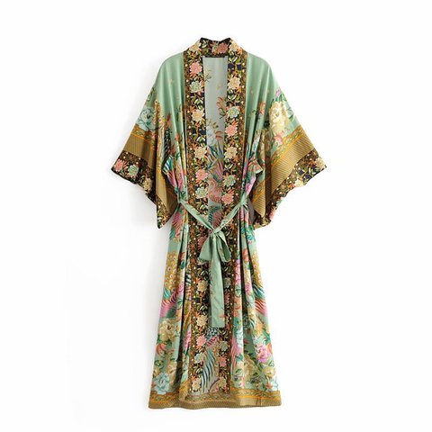 Fitshinling Print Floral Beach Kimono Sashes Slim Long Cardigan Female Autumn New Cotton Sexy Vintage Beach Cover-Up Bohemian ► Photo 1/6