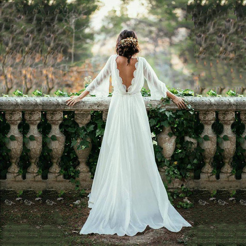 Hot Sale Charming White Chiffon Backless Bridal Wedding Dresses with Three Quarter Sleeves Lace Wedding Gowns for Bride V Neck ► Photo 1/6