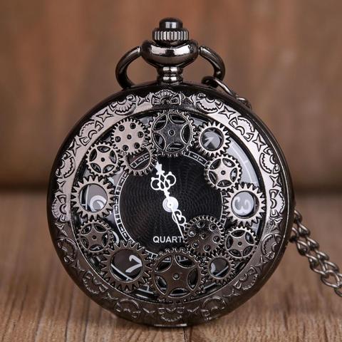 Antique Copper Steampunk Vintage Hollow Bronze Gear Hollow Quartz Pocket Watch Necklace Pendant Clock Chain Men's Women CF1036 ► Photo 1/4