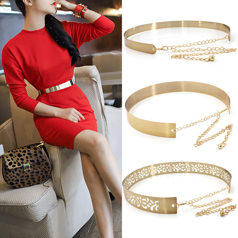 Fashion Women Adjustable Metal Designer Belt Ladies Dress Luxury Bling Gold Silver Mirror Vintage Waistband with Waist Chain ► Photo 1/6