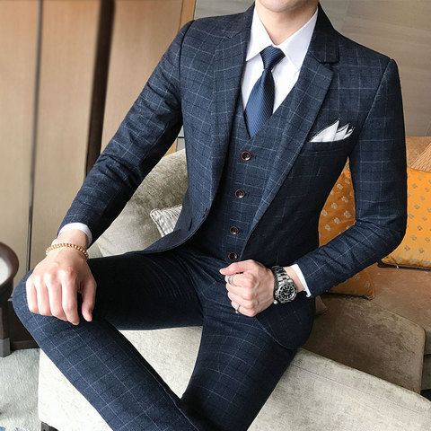 (Blazer+Pants+Vest) Luxury Men Suit 3 Piece Set Fashion Boutique Lattice Groom Wedding Dress Men's Tuxedo Men Banquet Club Dress ► Photo 1/6