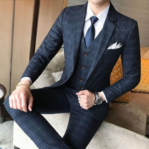 Blazer+Pants+Vest) Luxury Men Suit 3 Piece Set Fashion Boutique Lattice  Groom Wedding Dress Men's Tuxedo Men Banquet Club Dress - Price history &  Review