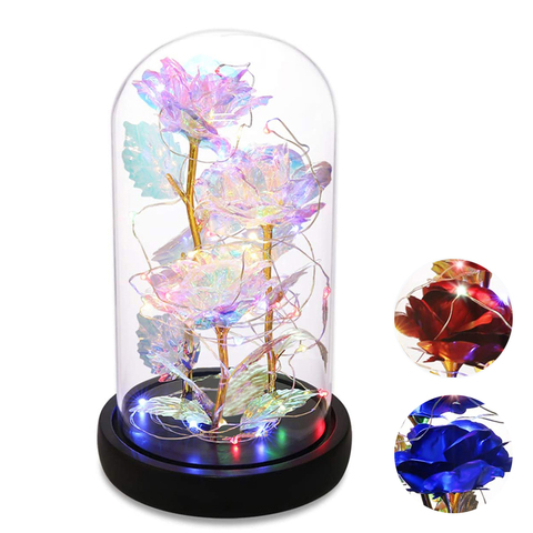 3 Heads Galaxy Rose Eternal 24K Gold Foil Flowers in Glass Dome 2 Modes LED Lights Gifts for Christmas Valentine's Day Wedding ► Photo 1/6